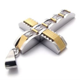Pingente De Cruz De Titânio Com Diamante E Cruz Dourada
