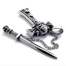 Pingente De Cruz De Titânio Com Caveira E Adaga De Diamante Vermelho