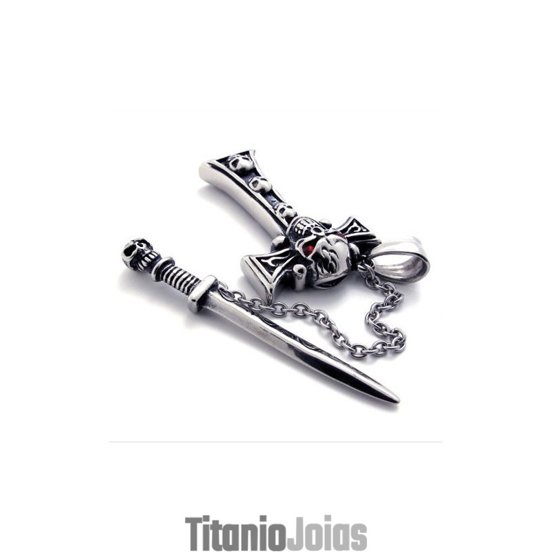 Pingente De Cruz De Titânio Com Caveira E Adaga De Diamante Vermelho