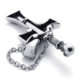 Pingente De Cruz De Titânio Com Caveira E Adaga De Diamante Vermelho