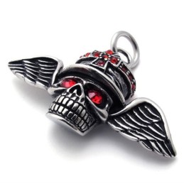 Pingente De Titânio Com Caveira E Asas De Diamante Vermelho