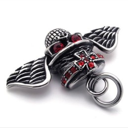 Pingente De Titânio Com Caveira E Asas De Diamante Vermelho