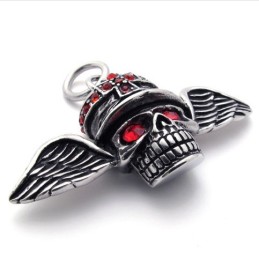 Pingente De Titânio Com Caveira E Asas De Diamante Vermelho