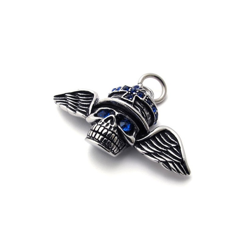 Pingente De Titânio Com Diamante Azul E Caveira Com Asas