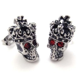 Brincos De Titânio Com Caveira E Coroa De Diamante Vermelho