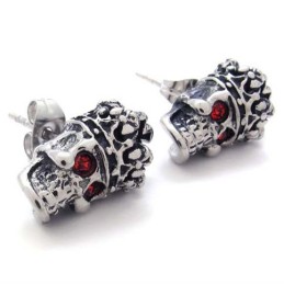 Brincos De Titânio Com Caveira E Coroa De Diamante Vermelho