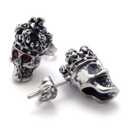 Brincos De Titânio Com Caveira E Coroa De Diamante Vermelho