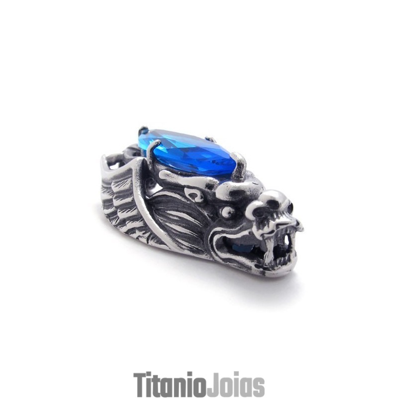 Pingente De Titânio Com Cabeça De Dragão E Zircônia Azul