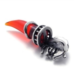 Pingente De Titânio Com Dente De Lobo Vermelho