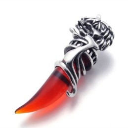 Pingente De Titânio Com Dente De Lobo Vermelho