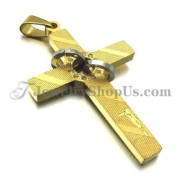 Pingente De Titânio Dourado Com Cruz E Strass Em Círculos