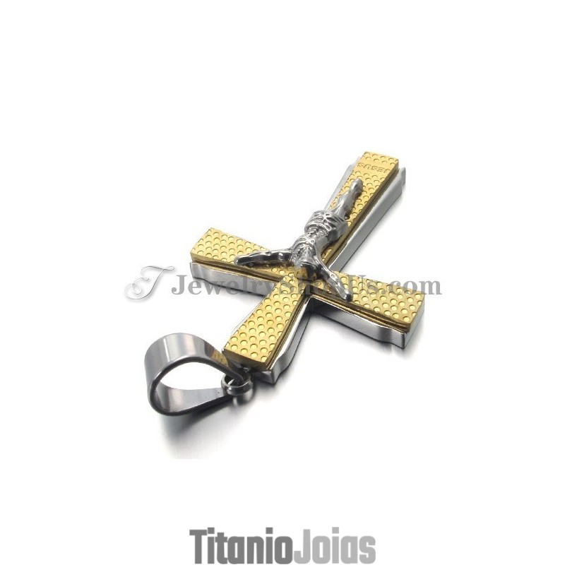 Elegante Pingente De Cruz De Jusus Em Titânio E Ouro Elegante Pingente De Cruz De Jusus Em Titânio E Ouro