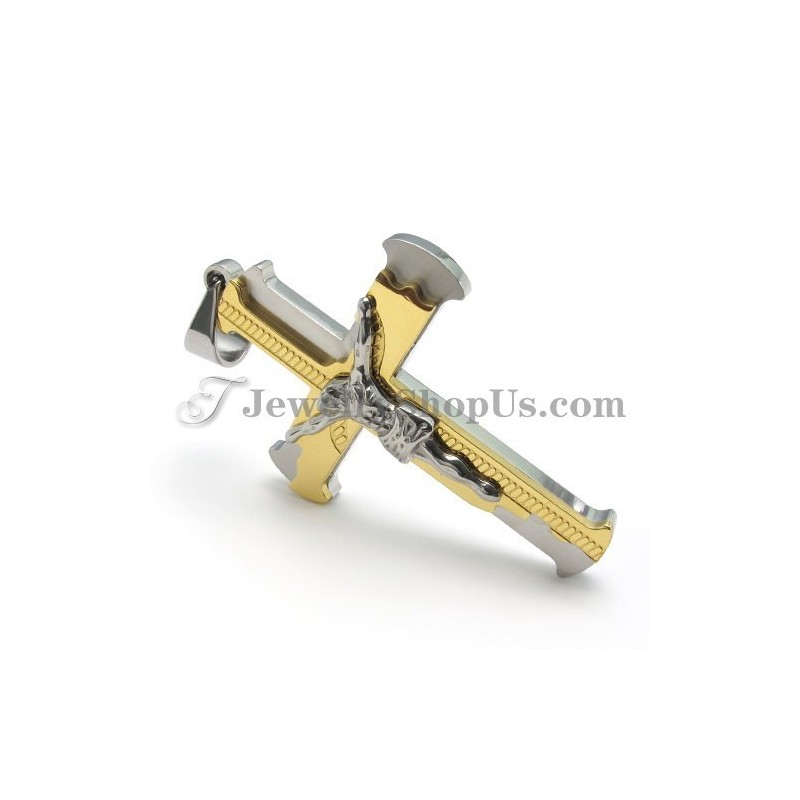 Pingente Clássico De Cruz De Jesus Em Titânio E Ouro Pingente Clássico De Cruz De Jesus Em Titânio E Ouro