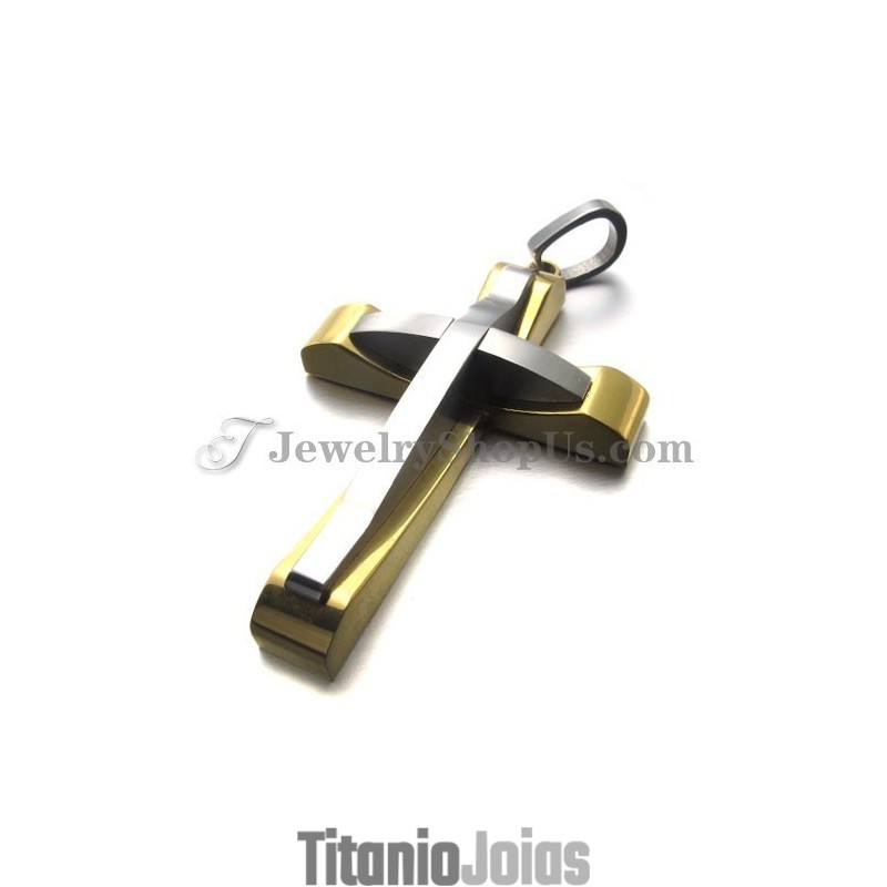 Elegante Pingente De Cruz Em Titânio E Ouro Elegante Pingente De Cruz Em Titânio E Ouro