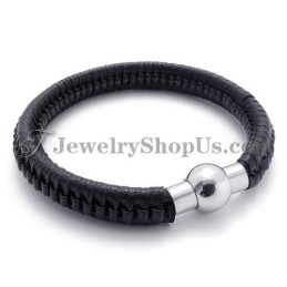 Pulseira Elegante De Titânio Preto E Couro