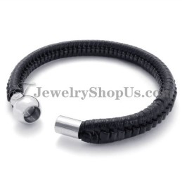 Pulseira Elegante De Titânio Preto E Couro