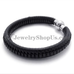 Pulseira Elegante De Titânio Preto E Couro