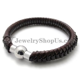 Pulseira Elegante De Titânio Marrom E Couro