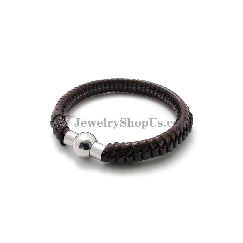 Pulseira Elegante De Titânio Marrom E Couro
