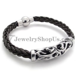 Pulseira Elegante De Couro Preto Em Titânio