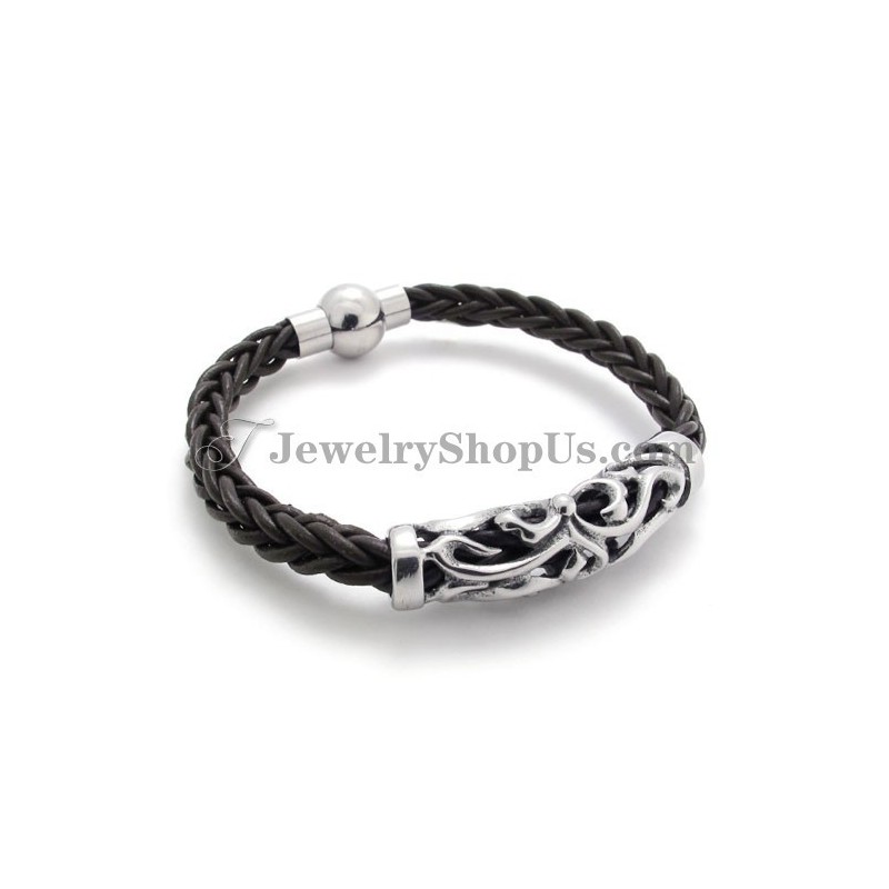 Pulseira Elegante De Couro Preto Em Titânio Pulseira Elegante De Couro Preto Em Titânio