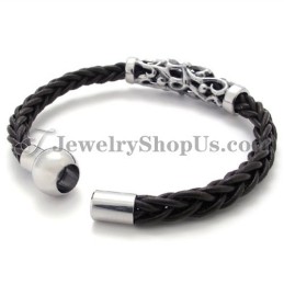 Pulseira Elegante De Couro Preto Em Titânio