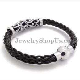 Pulseira Elegante De Couro Preto Em Titânio