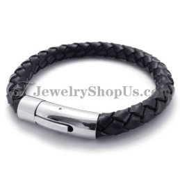 Pulseira De Couro Preto E Titânio Da Moda