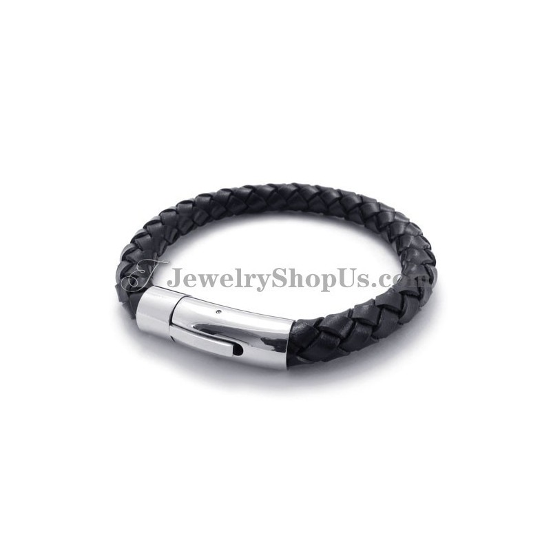 Pulseira De Couro Preto E Titânio Da Moda