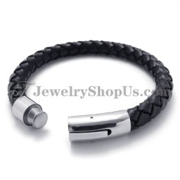 Pulseira De Couro Preto E Titânio Da Moda