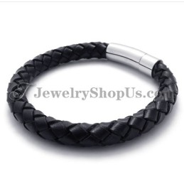 Pulseira De Couro Preto E Titânio Da Moda