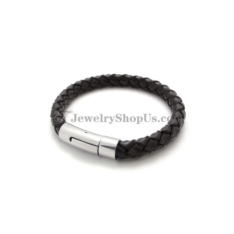 Pulseira De Couro Marrom E Titânio Da Moda Pulseira De Couro Marrom E Titânio Da Moda