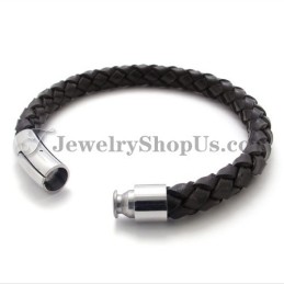 Pulseira De Couro Marrom E Titânio Da Moda