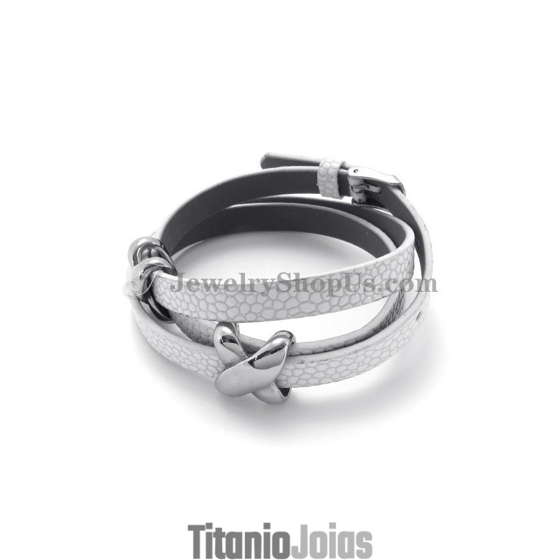 Pulseira De Couro Branco Com Titânio Da Moda