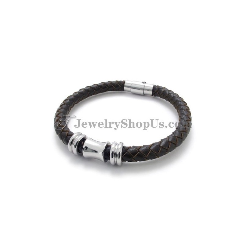 Pulseira Elegante De Couro Marrom Em Titânio