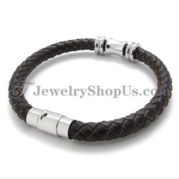 Pulseira Elegante De Couro Marrom Em Titânio