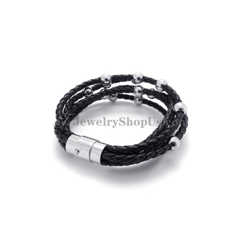 Pulseira De Couro Preto Com Titânio Pulseira De Couro Preto Com Titânio
