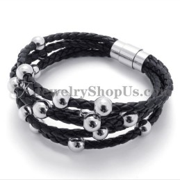 Pulseira De Couro Preto Com Titânio