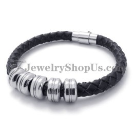 Pulseira De Couro Preto E Titânio Da Moda