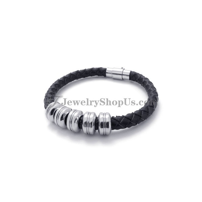 Pulseira De Couro Preto E Titânio Da Moda Pulseira De Couro Preto E Titânio Da Moda