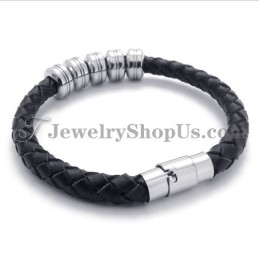 Pulseira De Couro Preto E Titânio Da Moda
