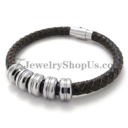 Pulseira Elegante De Couro Preto E Titânio