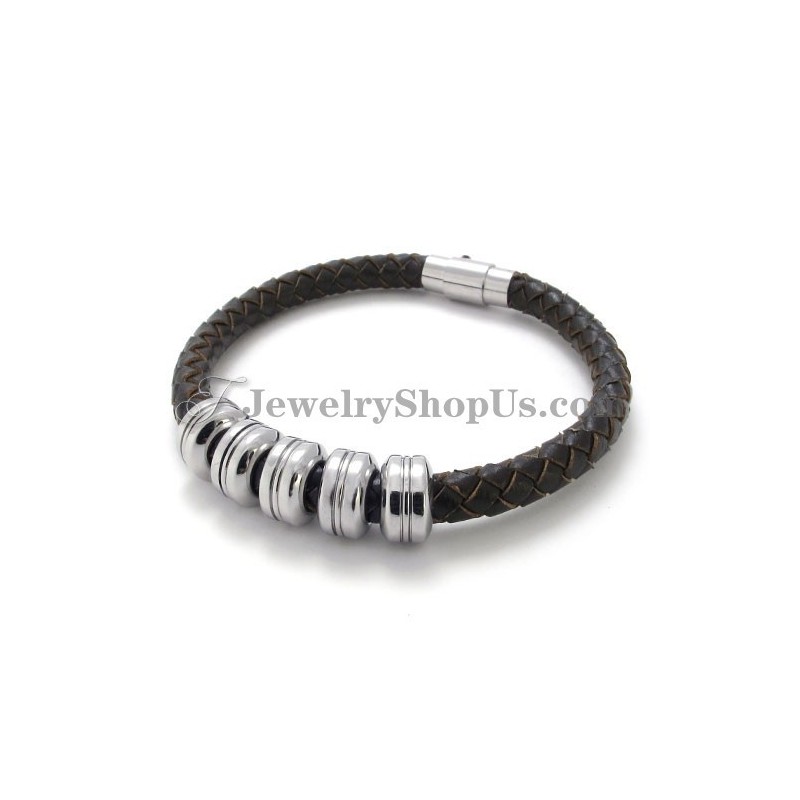 Pulseira Elegante De Couro Preto E Titânio Pulseira Elegante De Couro Preto E Titânio