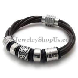 Pulseira De Couro Marrom E Titânio Da Moda