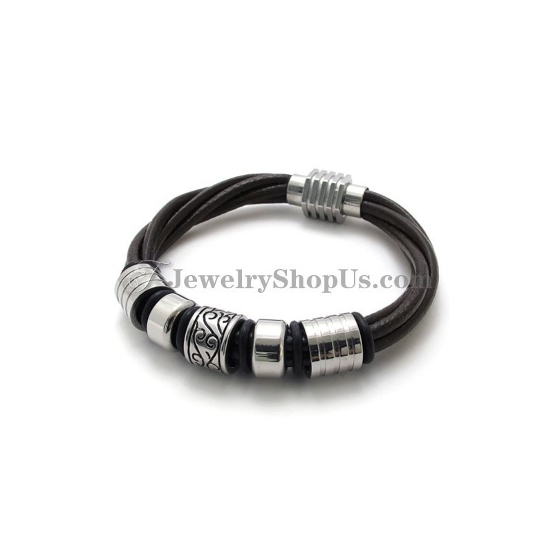 Pulseira De Couro Marrom E Titânio Da Moda Pulseira De Couro Marrom E Titânio Da Moda