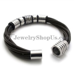 Pulseira De Couro Marrom E Titânio Da Moda