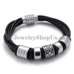 Pulseira Elegante De Couro Preto E Titânio