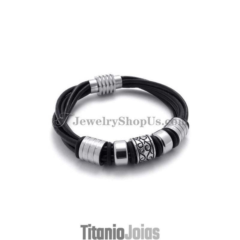Pulseira Elegante De Couro Preto E Titânio Pulseira Elegante De Couro Preto E Titânio