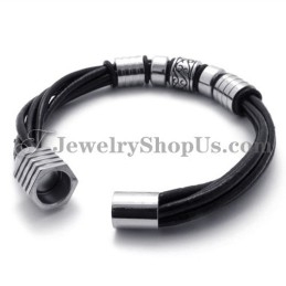 Pulseira Elegante De Couro Preto E Titânio