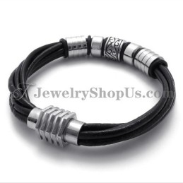 Pulseira Elegante De Couro Preto E Titânio